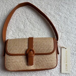 NWT Madison West Woven Straw Tan and Brown Shoulder Bag with Buckle